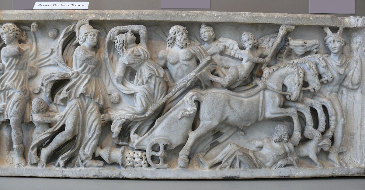 Persephone and the pomegranate:Sarcophagus with the Abduction of Persephone by Hades, ca. 200-225 AD, Walters Art Museum, Baltimore, MD, USA.
