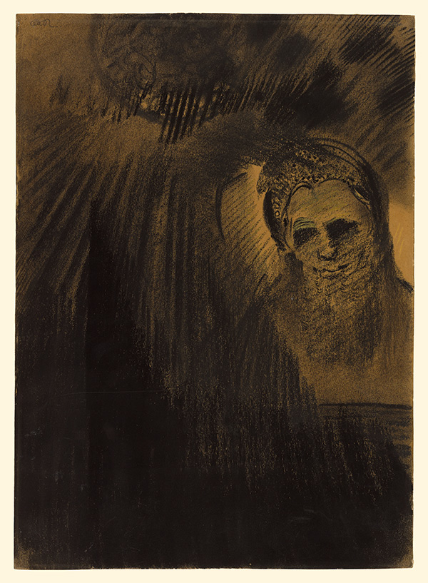 Odilon redon's noir Apparition, about 1880–90, Odilon Redon. Charcoal and powdered charcoal with stumping and yellow pastel on brown wove paper, 20 11/16 × 14 11/16 in. The J. Paul Getty Museum, 2013.38