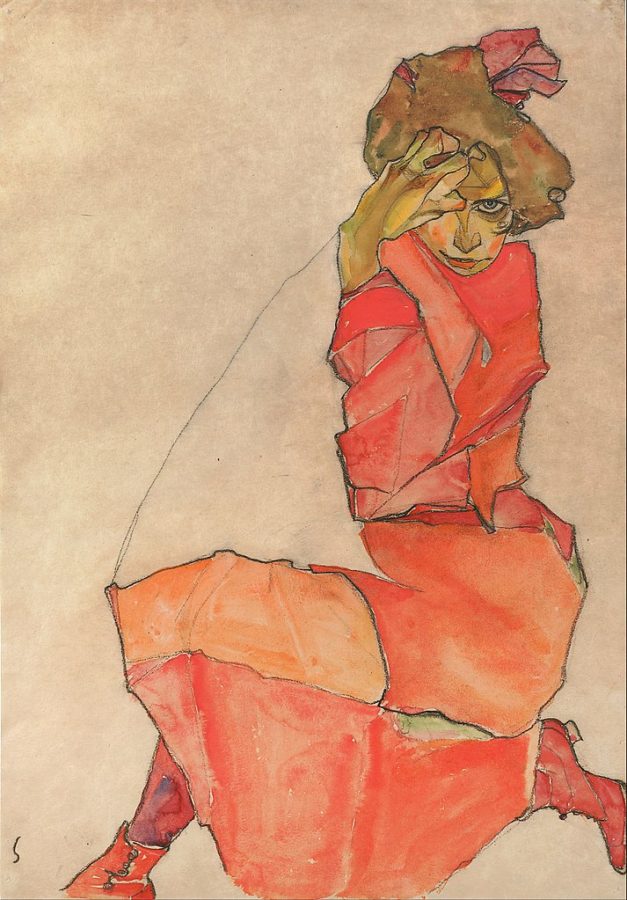 Egon Schiele, Kneeling Female in Orange-Red Dress, 1910, Leopold Museum, schiele orange obsession