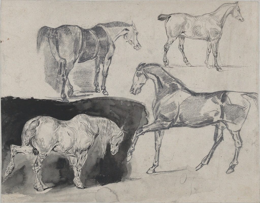 delacroix sketchbooks and drawings Eugène Delacroix, Four Studies of Horses, 1824-25. Graphite, pen and ink, brush and black wash. Gift from Karen B. Cohen Collection of Eugène Delacroix. Photo by Howard Schwartz