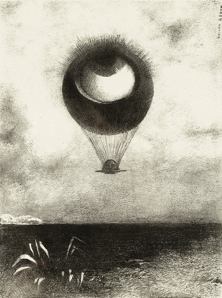 Odilon redon's noir The Eye, Like a Strange Balloon, Mounts toward Infinity, 1882, Odilon Redon. Lithograph on chine collé, 10 5/16 × 7 11/16 in. Los Angeles County Museum of Art, Wallis Foundation Fund in memory of Hal B. Wallis, AC1997.14.1.1, www.lacma.org