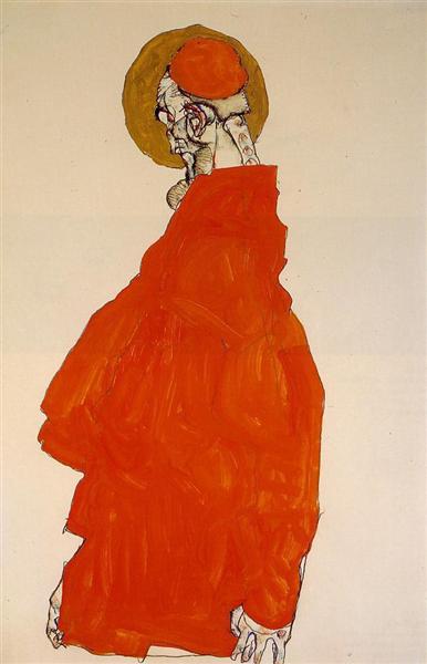 Egon Schiele, Standing Figure with Halo, 1913, private collection, schiele orange obsession