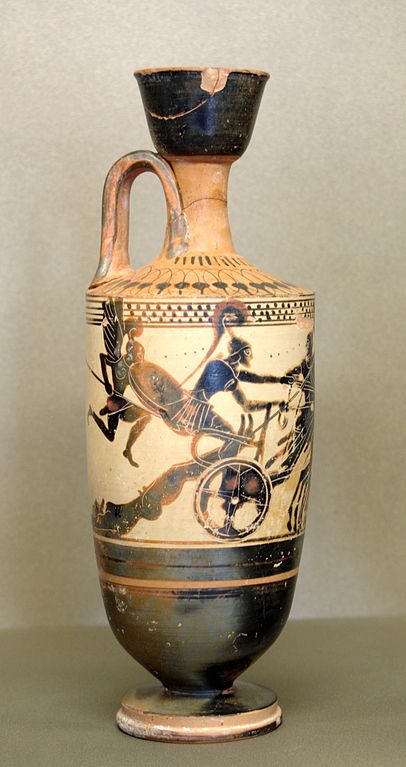 Greek vase called ground lekythos by Diosphos Painter showing Achilles dragging the body of Hector