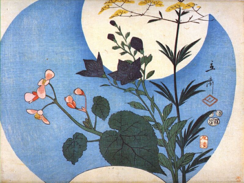 Utagawa Hiroshige, Autumn flowers in front of full moon, 1853, source: Wikiart, autumn moon in japanese woodblock prints
