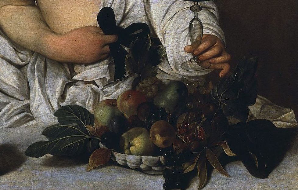 caravaggio bacchus Caravaggio, Bacchus, c. 1596, Galleria degli Uffizi, Florence (detail)