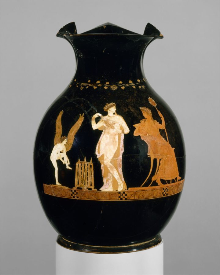 Greek pottery called oinochoe made out of terracotta.