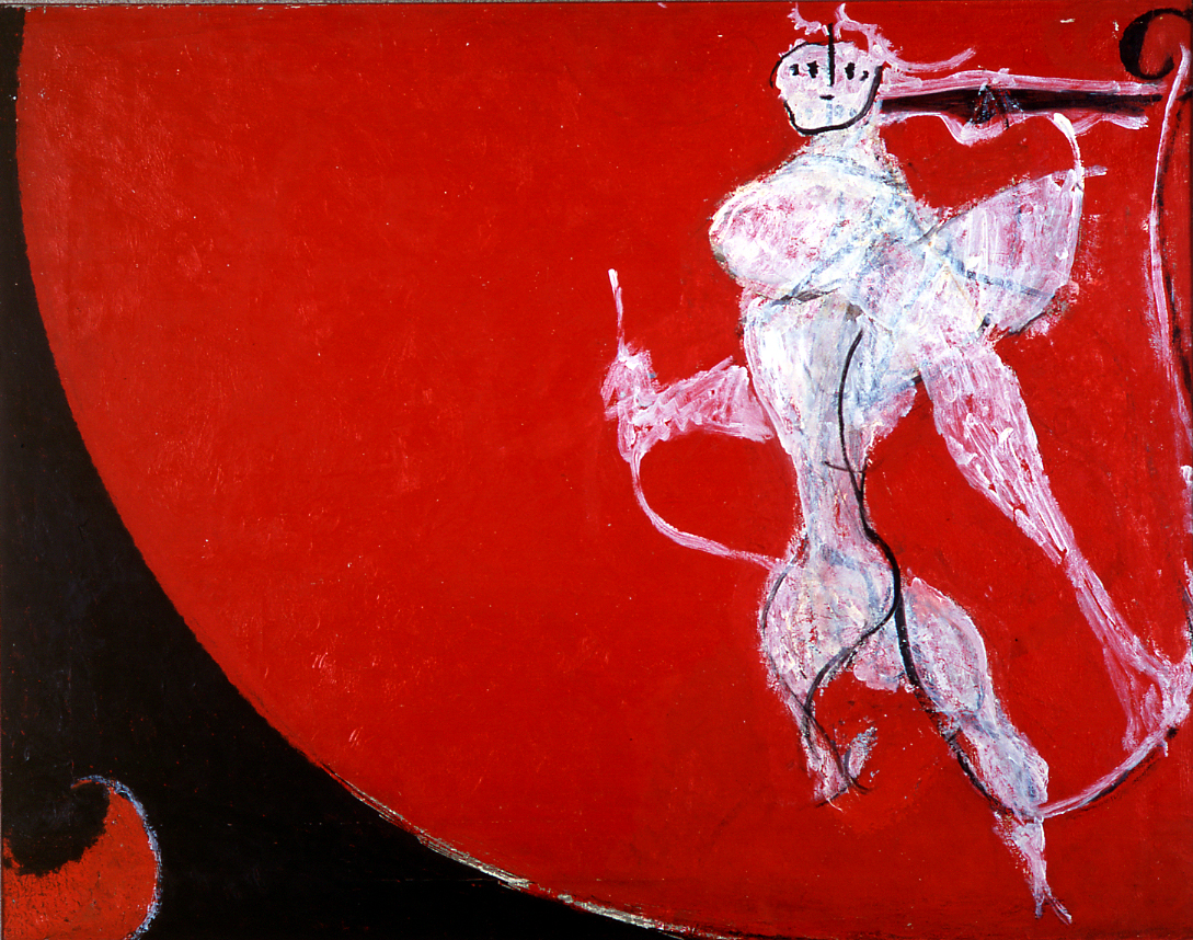 Osvaldo Licini, Rebel Angel on the Dark Red Background (Angelo Ribelle su Fondo Rosso Scuro), 1946, Galleria d'Arte Contemporanea Osvaldo Licini, Ascoli Piceno, osvaldo licini's sheer folly