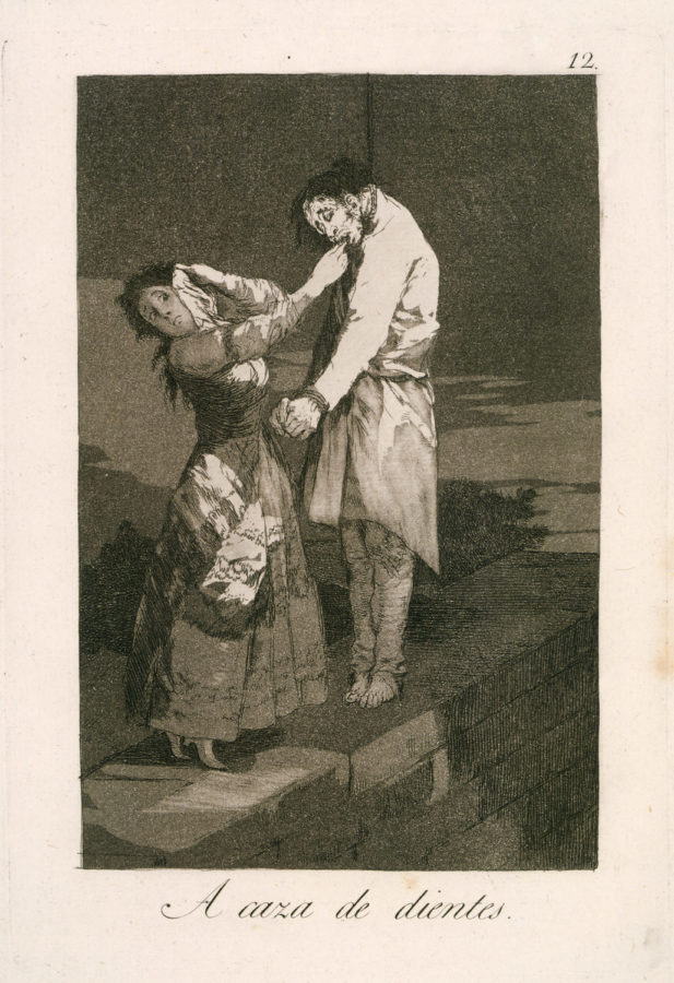 Witchcraft in art: Francisco Goya, Plate 12 from Los Caprichos: Out hunting for teeth (A caza de dientes), 1799, Metropolitan Museum of Art, New York, NY, USA. 