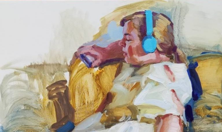 Art Podcasts: Sergey Gusev, Listening to Music, 2022, Saatchi Art Gallery, London, UK.  Saatchi Art. Detail.
