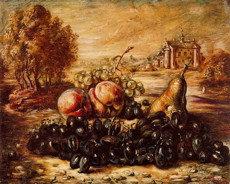 Giorgio de Chirico, Black grapes, 1947, National Gallery of Modern and Contemporary Art-GNAM, Rome, Italy, autumnal still lifes
