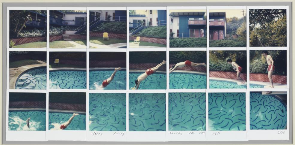 David Hockney, Jerry Diving Sunday Feb. 28th 1982, Composite Polaroid, Photo credit: Richard Schmidt, david hockney photographs