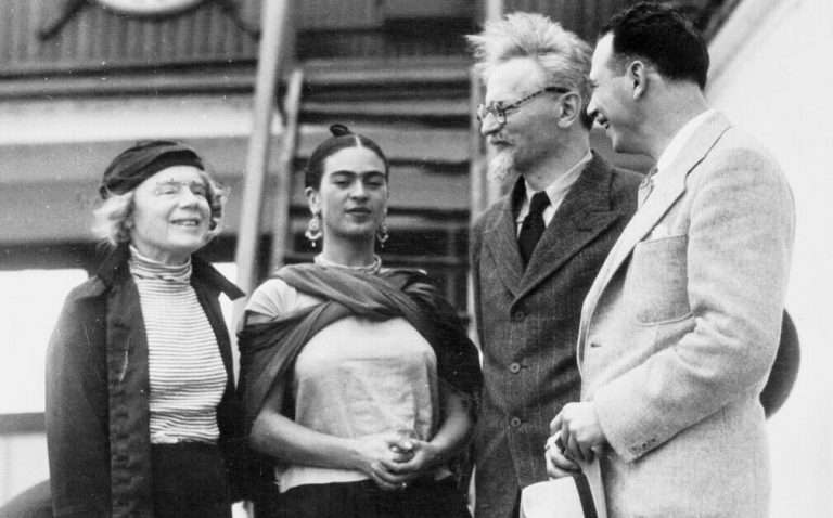 Frida Kahlo politics: Leon Trotsky, Natalya Sedova, Frida Kahlo and Max Schachtman, Mexico, 1937. Photo by Bettmann via Getty Images. Artsy.
