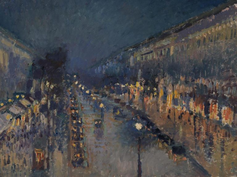 Courtauld Gallery: Camille Pissarro, The Boulevard Montmartre at Night, 1897, National Gallery, London, UK. Detail.
