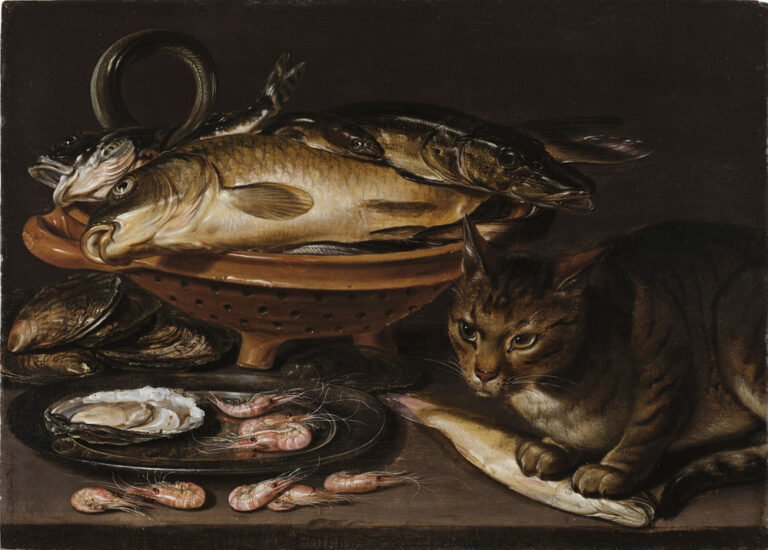 fish paintings: Clara Peeters, Still Life of Fish and Cat, after 1620. Gift of Wallace and Wilhelmina Holladay, National Museum of Women in the Arts, Washington, DC, USA,
