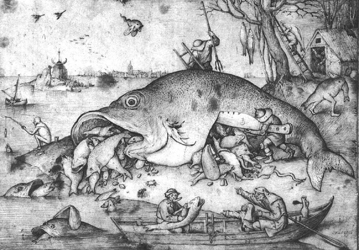 Pieter Bruegel the Elder, Big fishes eat small fishes, 1556, Albertina, Vienna, Austria, fish paintings