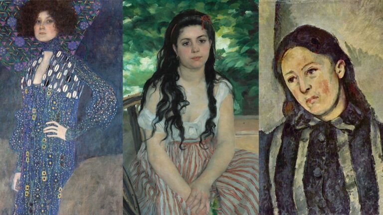 muse throughout art: Left: Gustav Klimt, Portrait of Emilie Louise Flöge, 1902, Vienna Museum, Vienna, Austria. Middle: Pierre-Auguste Renoir, In the Summer, 1868, Alte Nationalgalerie, Berlin, Germany. Right: Paul Cézanne, Portrait of Madame Cezanne, ca. 1890-1892, Philadelphia Museum of Art, Philadelphia, PA, USA.
