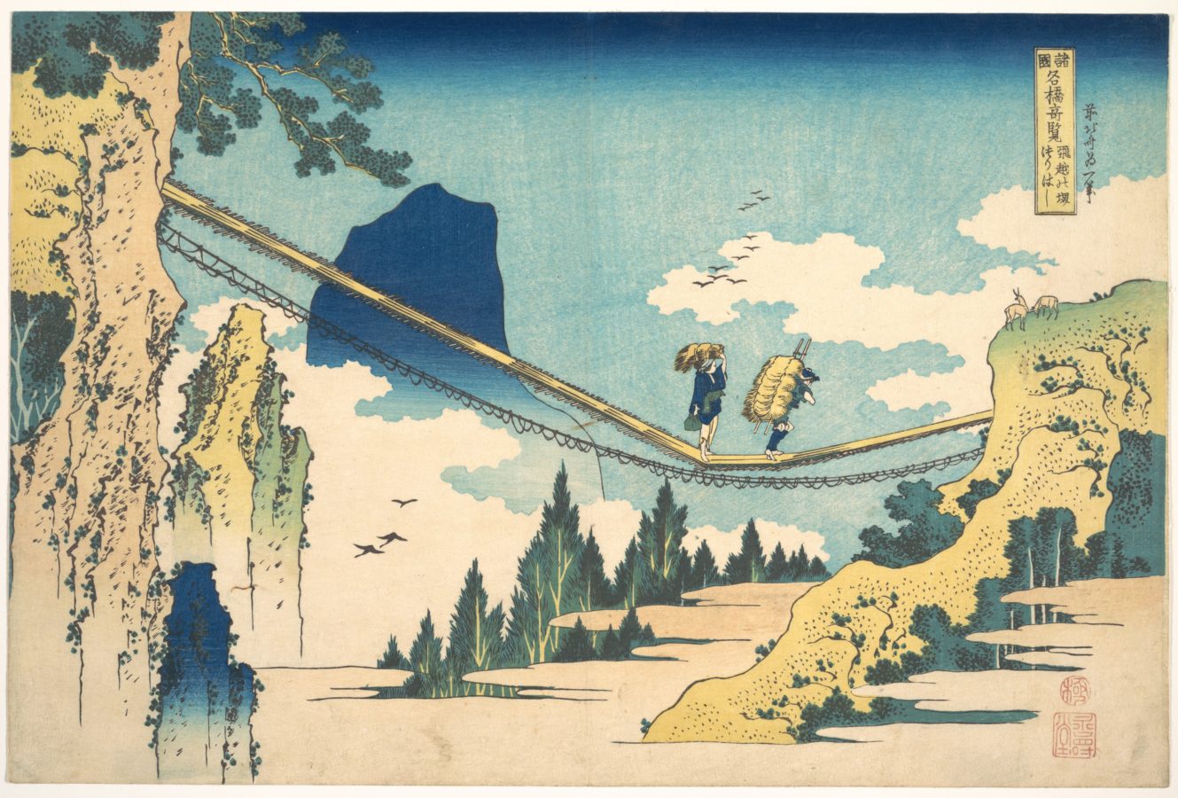 Art of Maki Na Kamura: Katsushika Hokusai, The Suspension Bridge on the Border of Hida and Etchū Provinces (Hietsu no sakai tsuribashi), from the series Remarkable Views of Bridges in Various Provinces (Shokoku meikyō kiran), c. 1830, Metropolitan Museum of Art, New York, NY, USA.