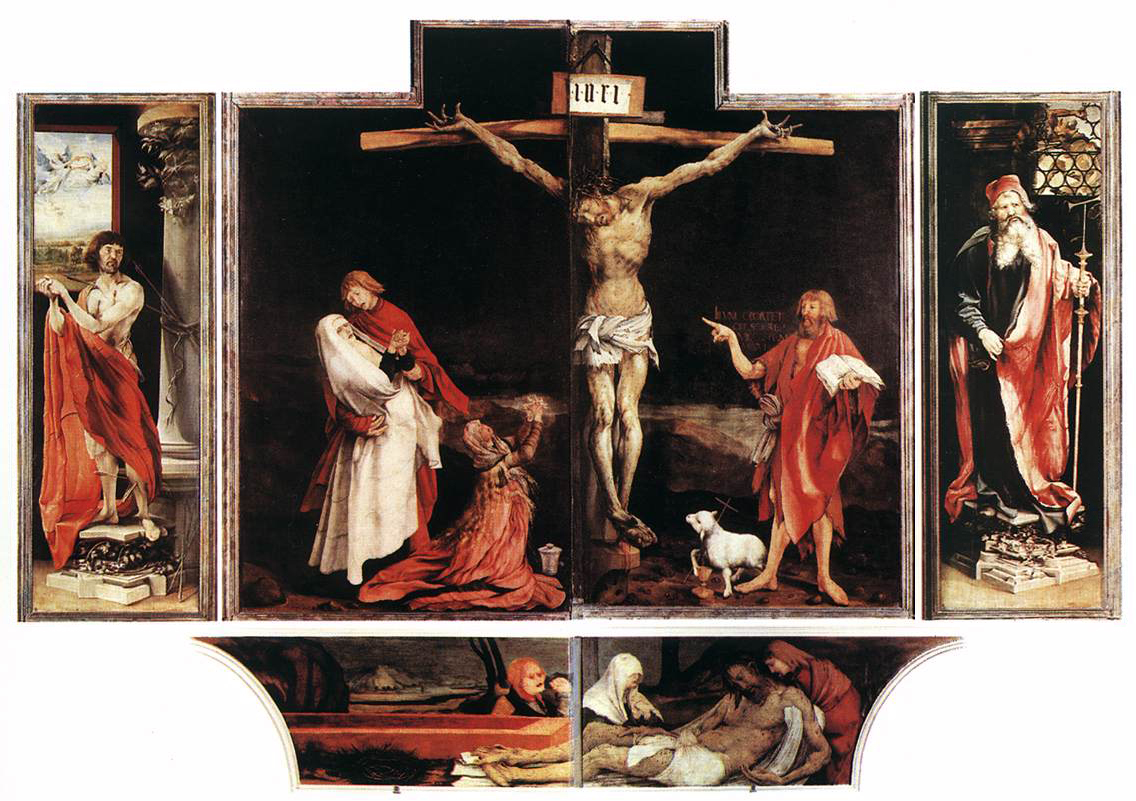 Matthias Grünewald, The first view of the Isenheim altarpiece: St. Sebastian, The Crucifixion, St. Anthony, Entombment, 1516, polyptych about pain and passion