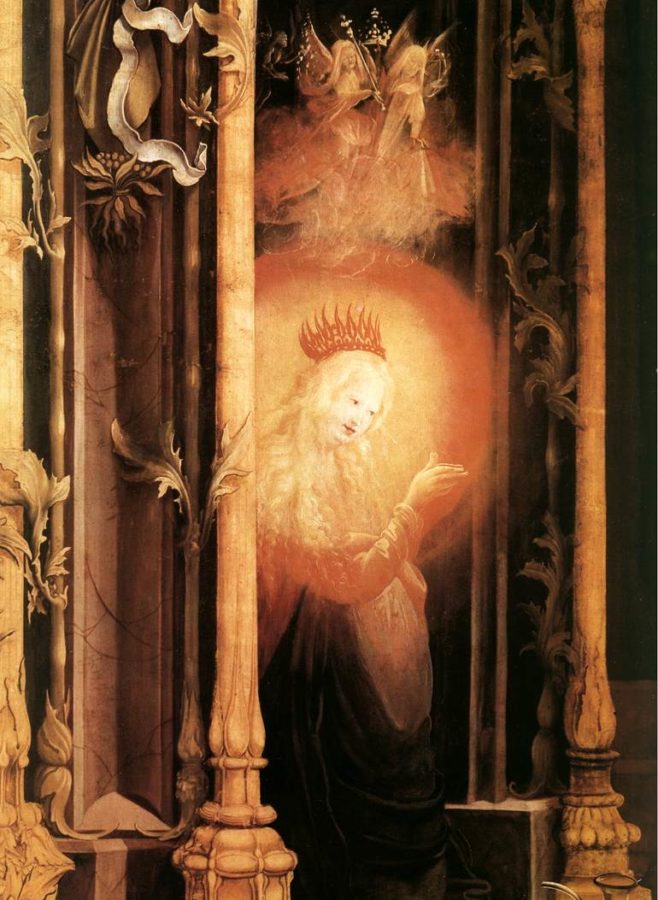 Matthias Grünewald, Isenheim Altarpiece, The Virgin Illuminated (detail from the Concert of Angels), 1516, Unterlinden Museum, Colmar, France, polyptych about pain and passion