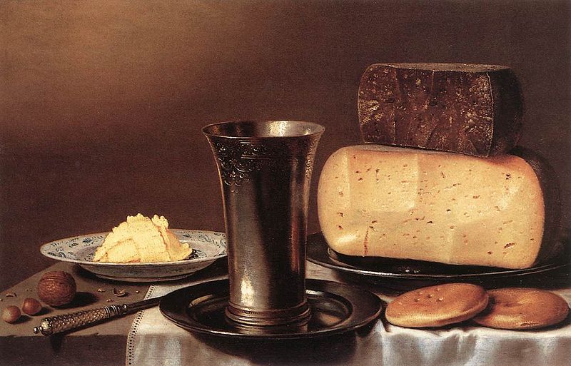 Floris van Schooten (circa 1580/1588–1656) Blue pencil.svg wikidata:Q420055 Floris van Schooten, Still-Life with Glass, Cheese, Butter and Cake, unknown date, private collection, cheese in painting