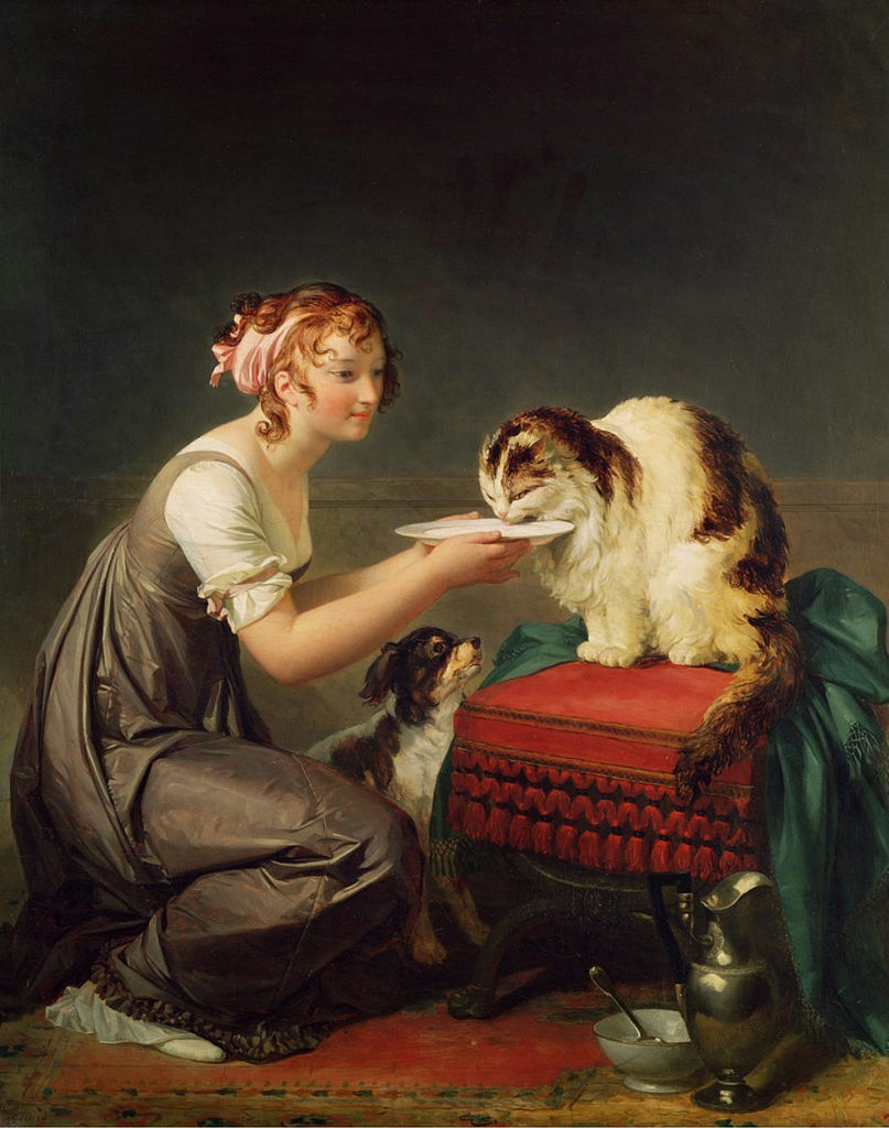 cats in art Marguerite Gérard, The Cat's Lunch or Young Girl Giving Milk to Her Cat, Late 18th century - early 19th century, Villa Musée Fragonard 