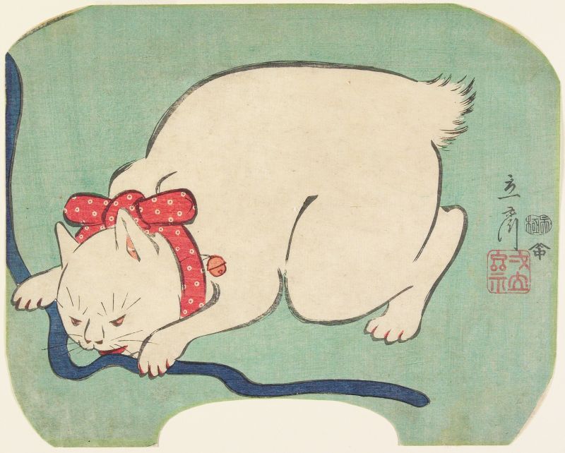 cats in art Utagawa Hiroshige II, A White Cat Playing With String
