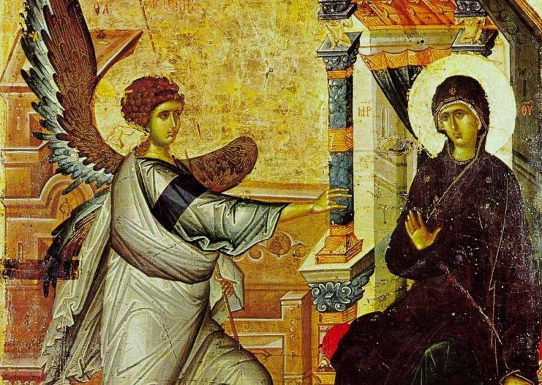 Byzantine Icons: Annunciation from Ohrid. Wikimedia Commons (public domain). Detail.
