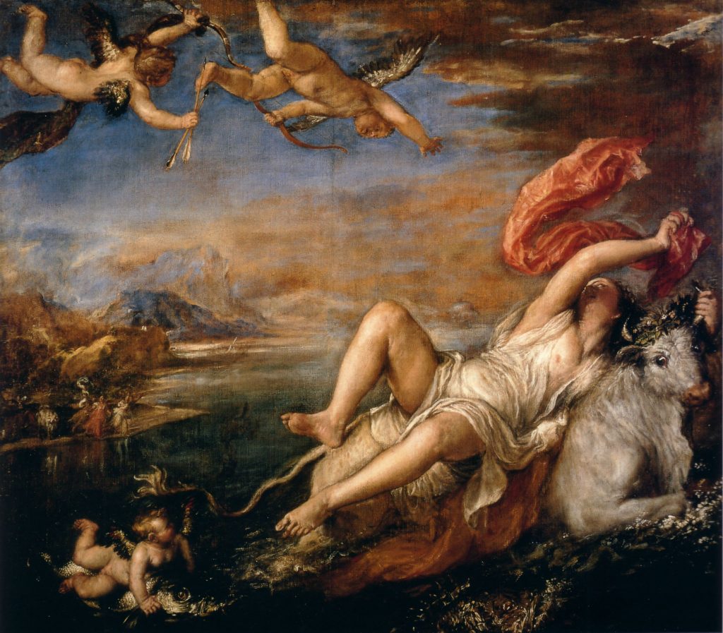 Europa myth Art: Titian, Rape of Europa, ca. 1560-1562, Isabella Stewart Gardner Museum, Boston, MA, USA. ARS Magazine.
