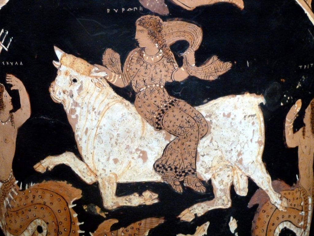 Europa myth Art: Paestum Red-Figure Chalice Krater Signed by Assteas, Europa on the Bull, 370-360 BC, Museum of Sannio, Benevento, Italy. Pinterest. Detail.

