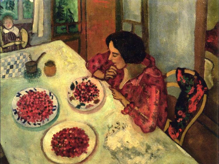 Strawberry Paintings: Marc Chagall, Strawberries Bella and Ida at the Table, 1916, private collection. WikiArt.