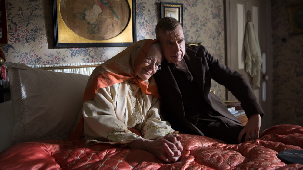 Movie still from Mrs Lowry & Son, Vanessa Redgrave as Elizabeth Lowry and Timothy Spall as L. S. Lowry, directed by Adrian Noble, 2019.