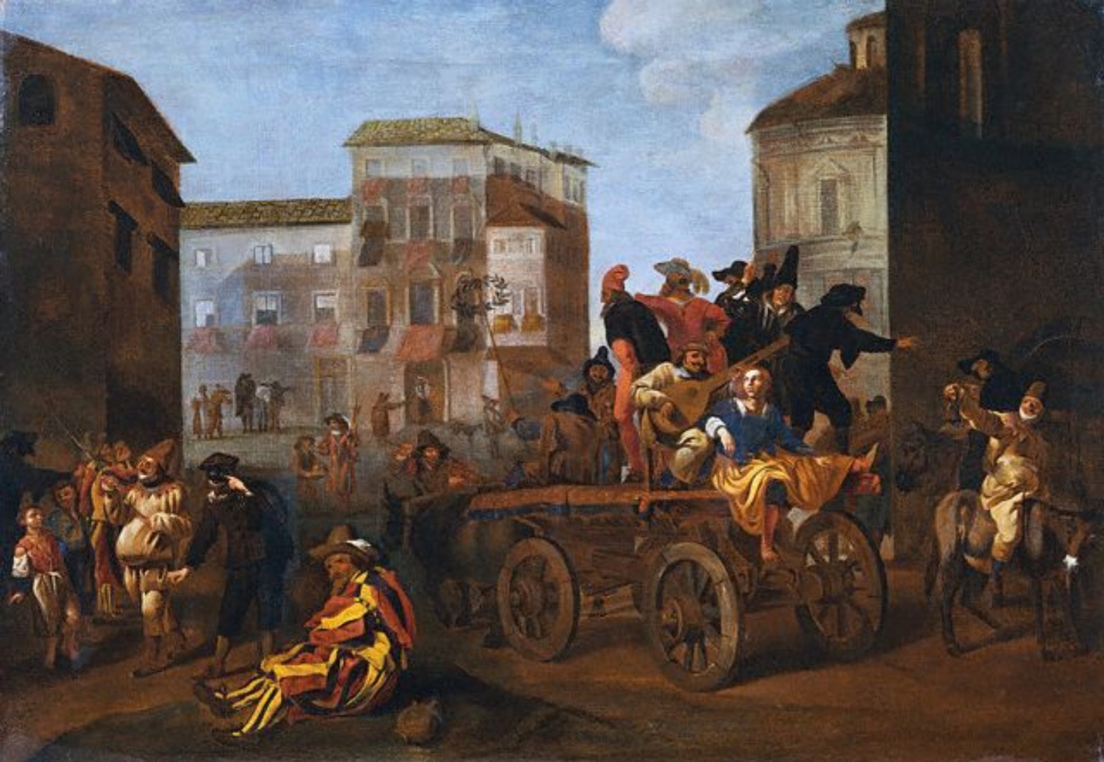 History of Venetian Carnival Masks Jan Miel, Commedia dell'arte Troupe on a Wagon in a Town Square, 1640. Wikimedia Commons.