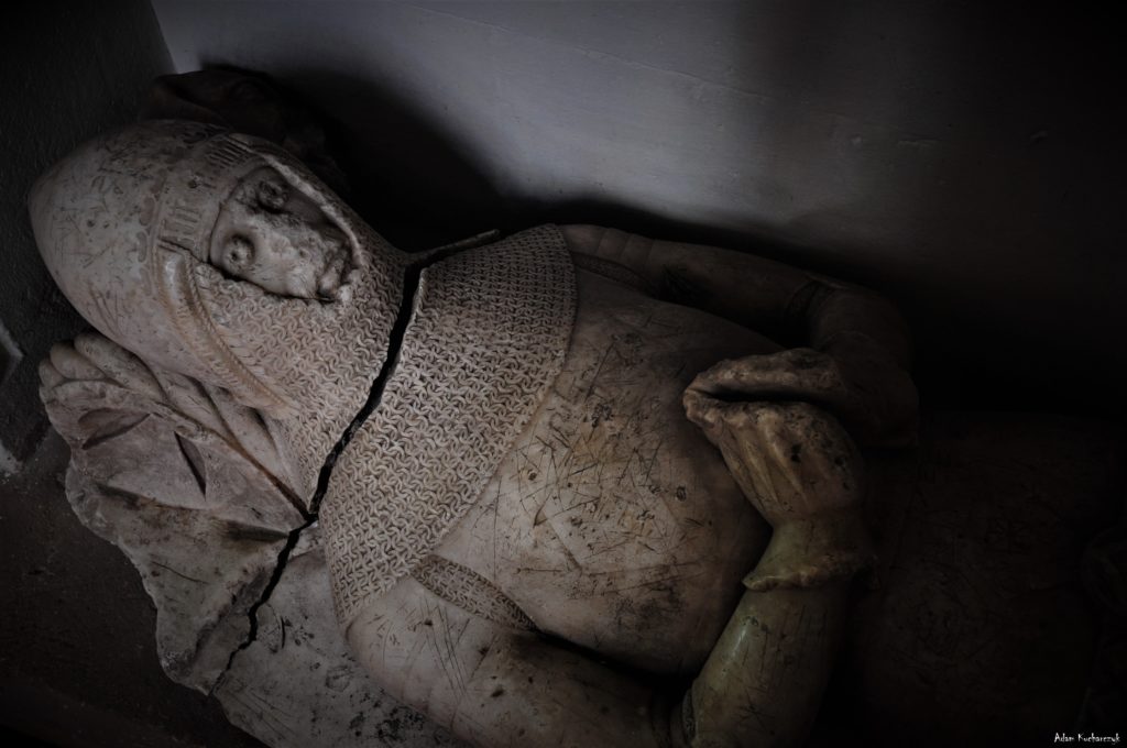 Funerary art of medieval England: An alabaster effigy of knight Jock of Badsaddle, described as the killer of the last wolf (or boar) in England. St Mary's Church, Olingbury, Northamptonshire, UK. Photo courtesy of Adam Kucharczyk.