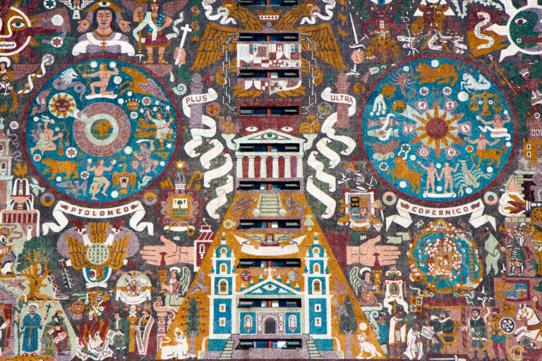 Juan O'Gorman mural: Juan O’Gorman, Historical Representation of Culture (south wall), 1952–1956, Mexico City, Mexico. Photograph by Garrette Ziegler via Flickr.
