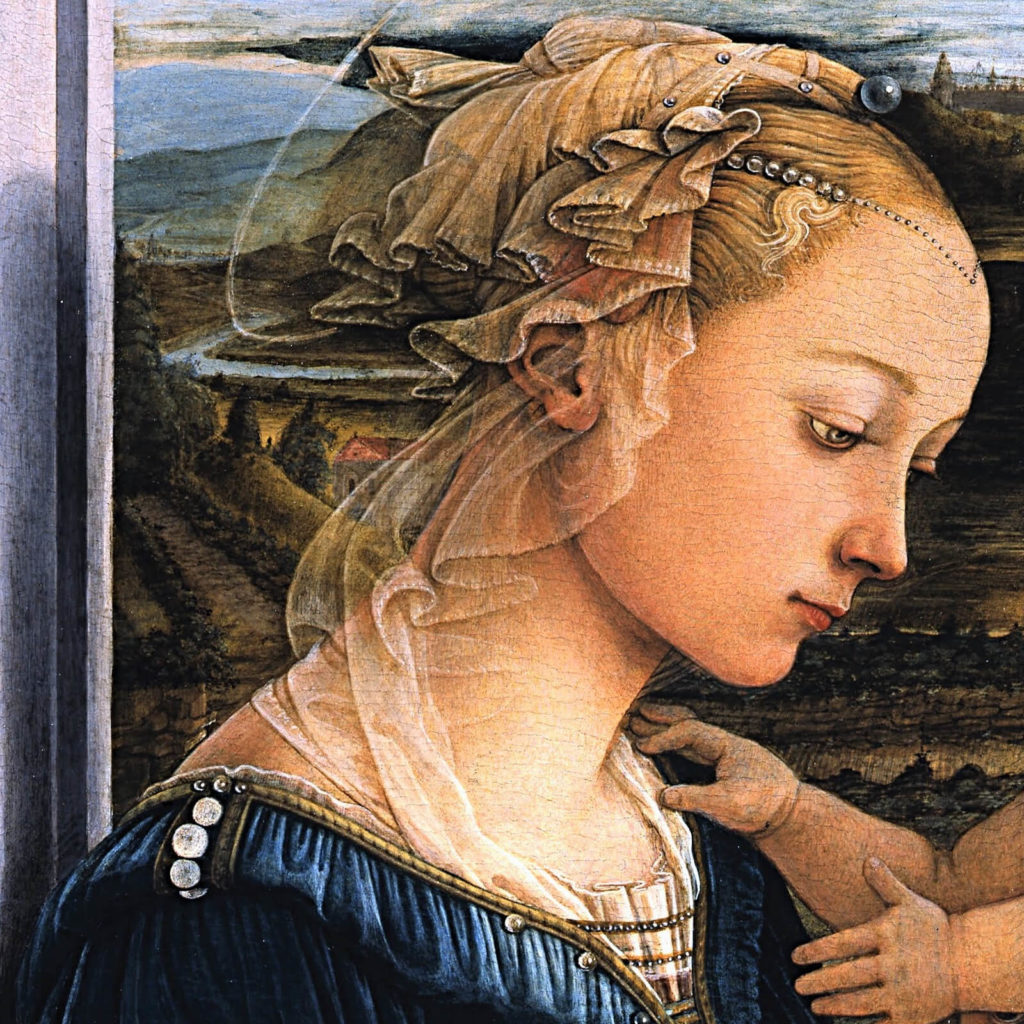 Fra Filippo Lippi, Madonna and Child with Two Angels, ca. 1460-1465, Galleria degli Uffizi, Florence. Detail of Mary's head.