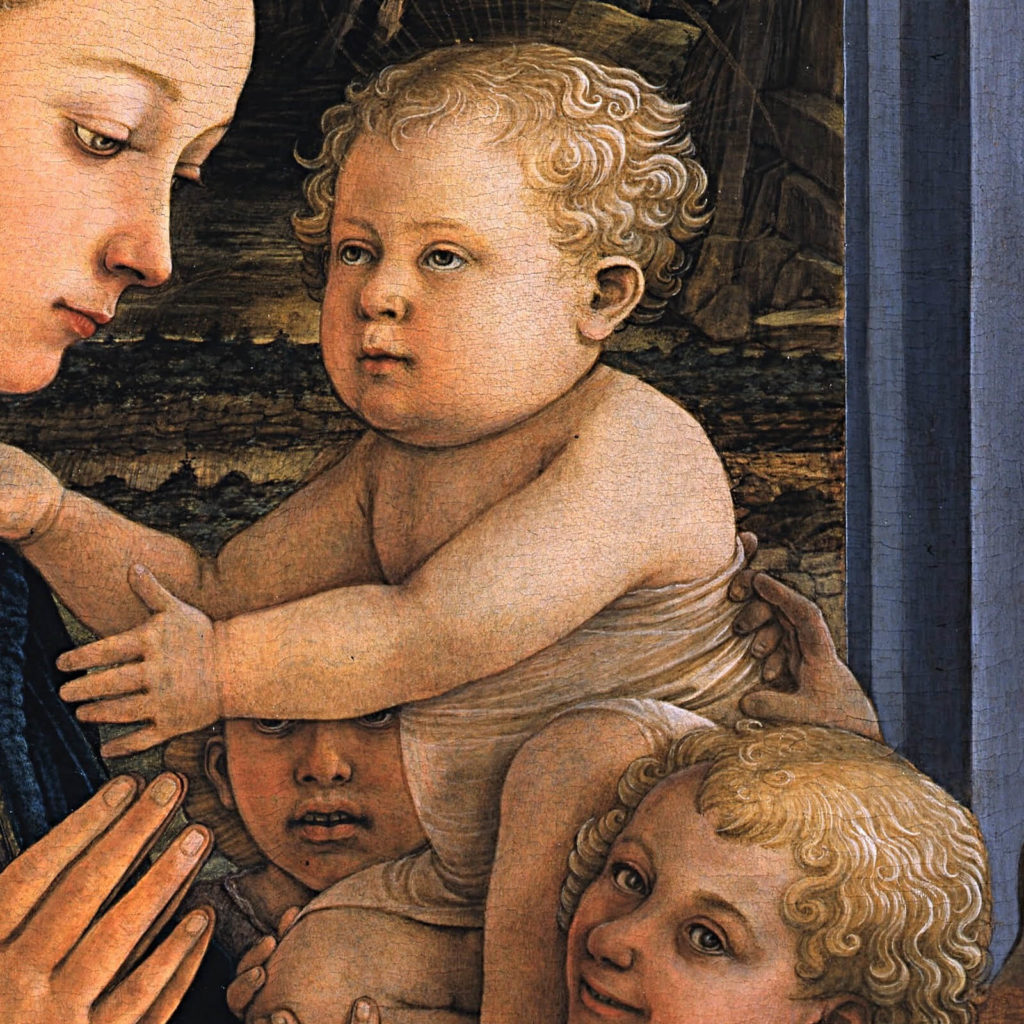 Fra Filippo Lippi, Madonna and Child with Two Angels, ca. 1460-1465, Galleria degli Uffizi, Florence. Detail of Jesus's head.
