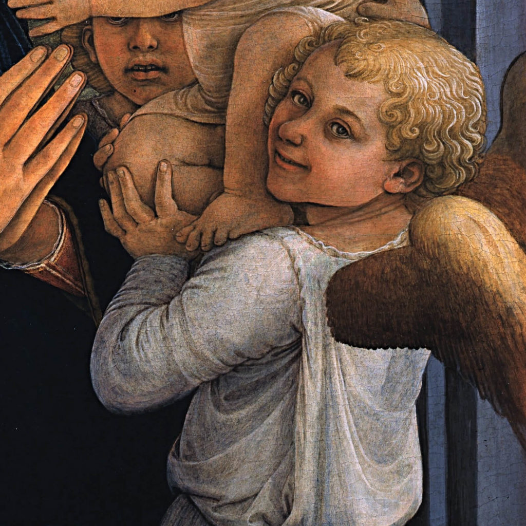Fra Filippo Lippi, Madonna and Child with Two Angels, ca. 1460-1465, Galleria degli Uffizi, Florence. Detail of front angel.