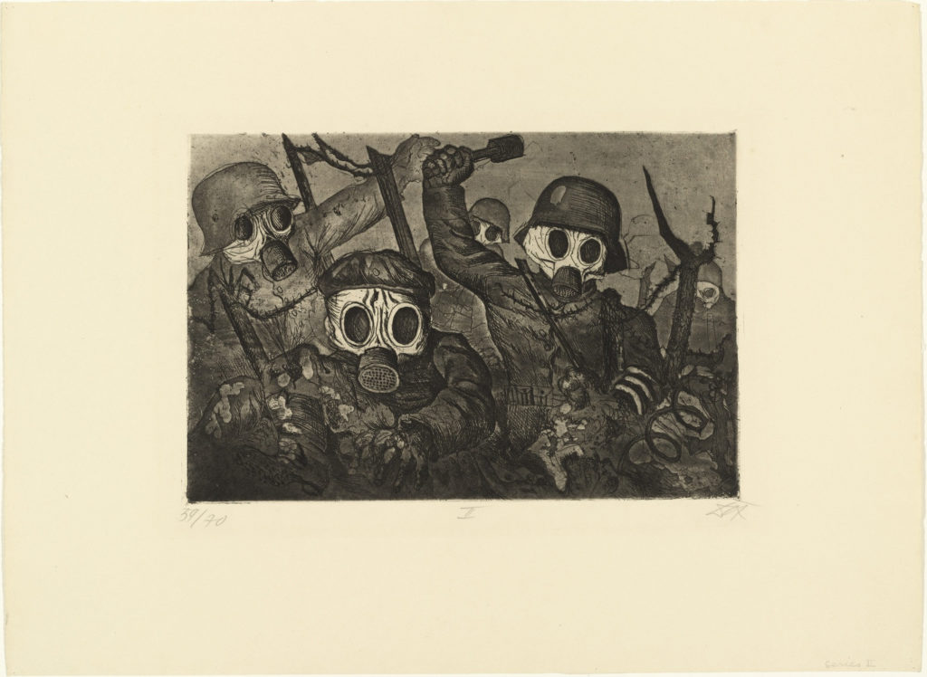 Shock troops advance after gas, from The War, 1924, etching, aquatint, and drypoint from a portfolio of fifty etching, aquatint and drypoints, © 2016 Artists Rights Society (ARS), New York / VG Bild-Kunst, Bonn. 