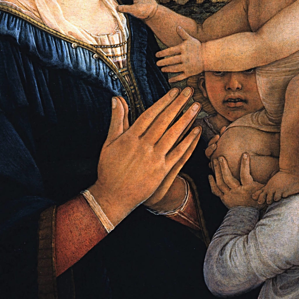 Fra Filippo Lippi, Madonna and Child with Two Angels, ca. 1460-1465, Galleria degli Uffizi, Florence. Detail of Mary's praying hands.