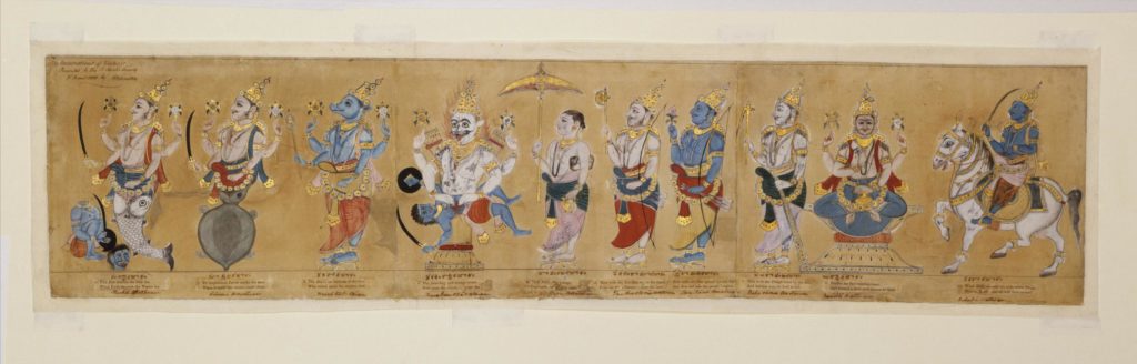Vishnu avatars: Ten avatars of Vishnu, ca. 1771–1779, Andhra Pradesh, India, Victoria & Albert Museum, London, UK.