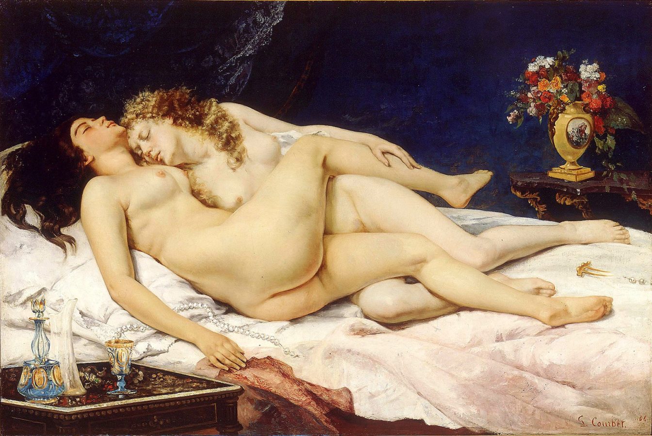 two women asleep in each other's arms; Courbet scandalous nudes