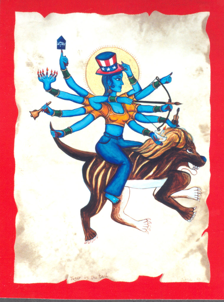 Siona Benjamin painting from the Finding Home Series, #22, showing a woman with several arms (holding Hindu, Jewish and contemporary icons) riding a lion. Gouache on Paper.