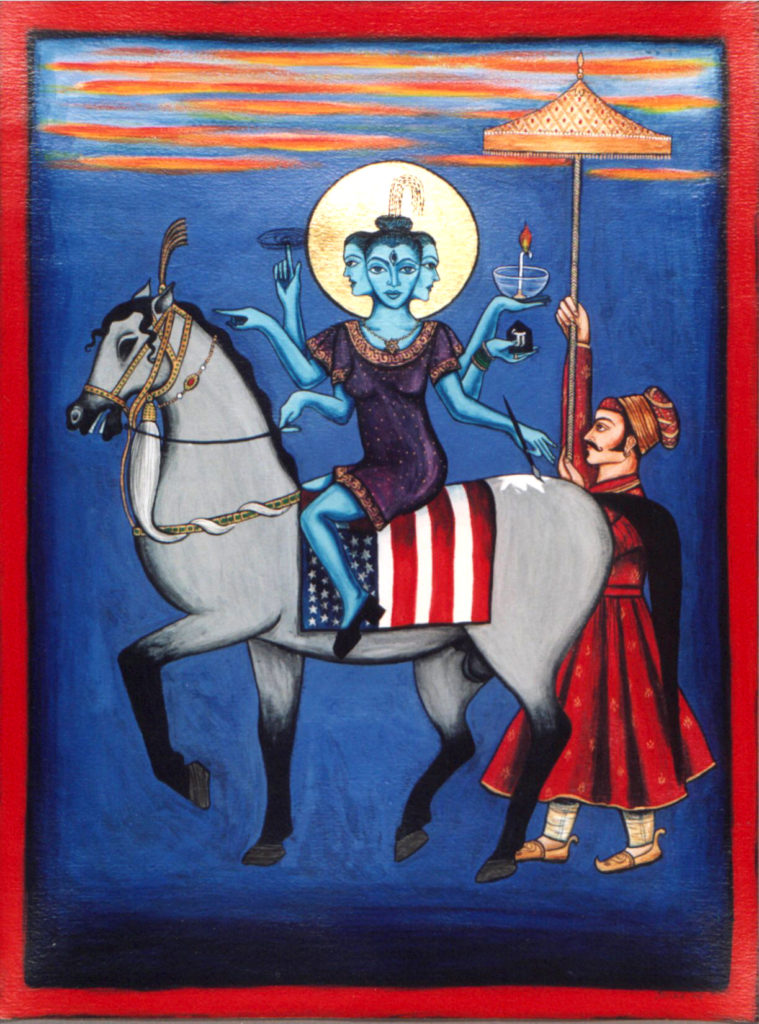 Painting of a blue woman with 3 visible heads and several arms (like Hindu Gods) holding Jewish icons and riding a horse with a US flag saddle. Accompanied by an attendant dressed in Mughal garments.