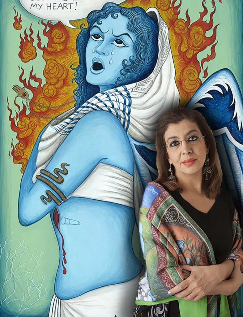 Photograph of Siona Benjamin with her painting of Lilith from the Finding Home Series, #74 Fereshteh. Gouache on wood panel.