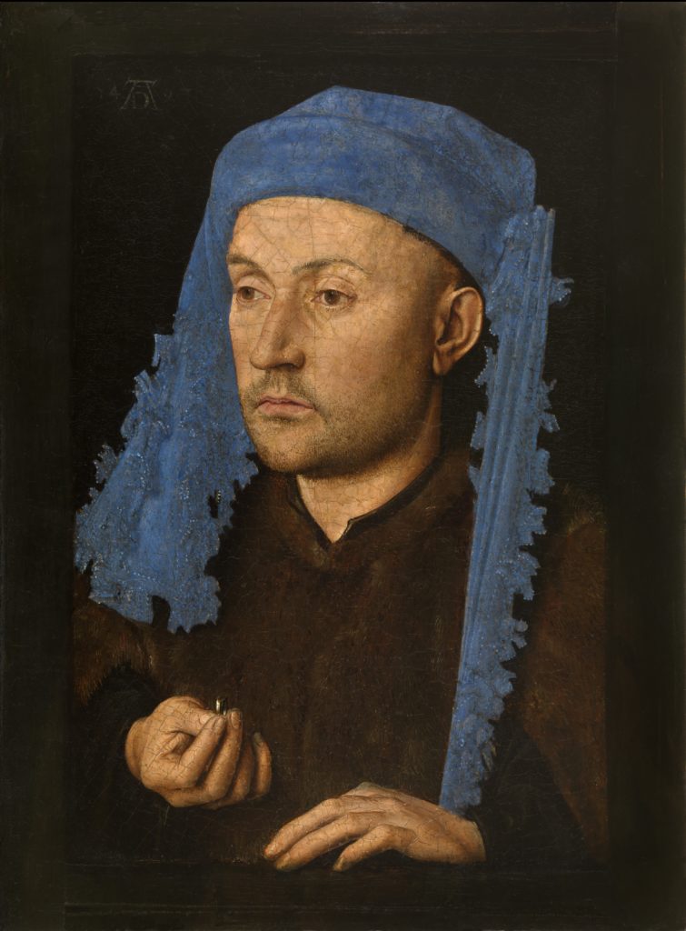 Jan van Eyck, Portrait of a Man with a Blue Chaperon, c. 1428−1430, oil on panel, Muzeul National Brukenthal, Sibiu (Romania). van eyck exhibition van eyck an optical revolution