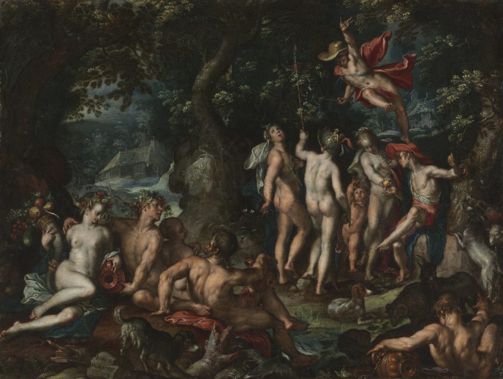 The painting 'Judgment of Paris' with nude males and females in the lush forest. The painting is located in the Cleveland Museum of Art.