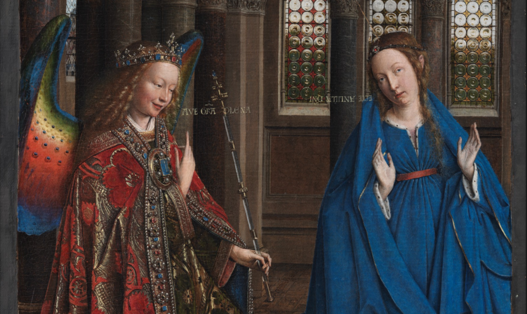 Jan van Eyck, The Annunciation, c. 1434/1436, oil on canvas transferred from panel, Andrew W. Mellon Collection, National Gallery of Art, Washington, detail. van eyck exhibition van eyck an optical revolution