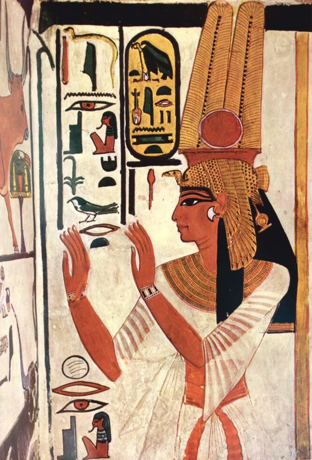 Tomb wall depicting Queen Nefertari standing in profile with Egyptian 'eye' as a symbol of beauty in the background