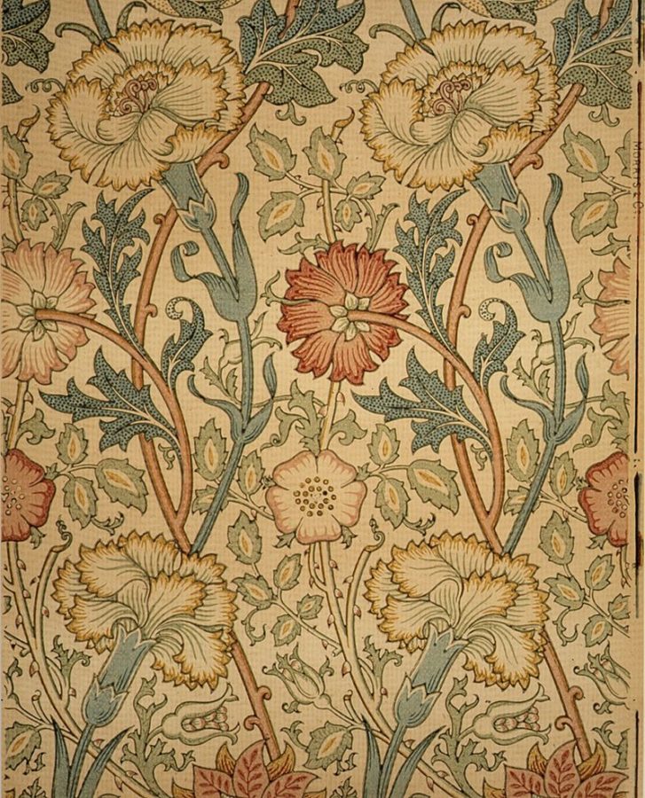 floral wallpaper with beige, light blue and dark pink; Prints of William Morris