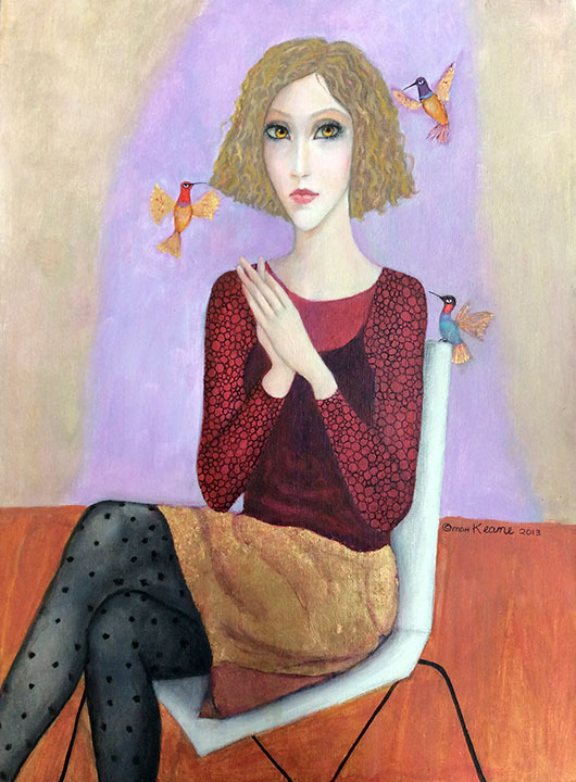 Margaret Keane, A little bird told me, acrylic and gold leaf on canvas, 2013, Keane Eyes Gallery.